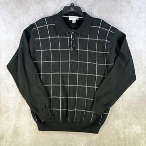 Poeta Moda Polo Sweater Mens XL Black Merino Wool Blend Windowpane Grid Knit